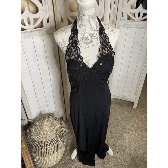 Vintage Durian Women’s Fitted Little Black Dress WhimsyGoth Halter Lace Medium - Picture 2 of 9